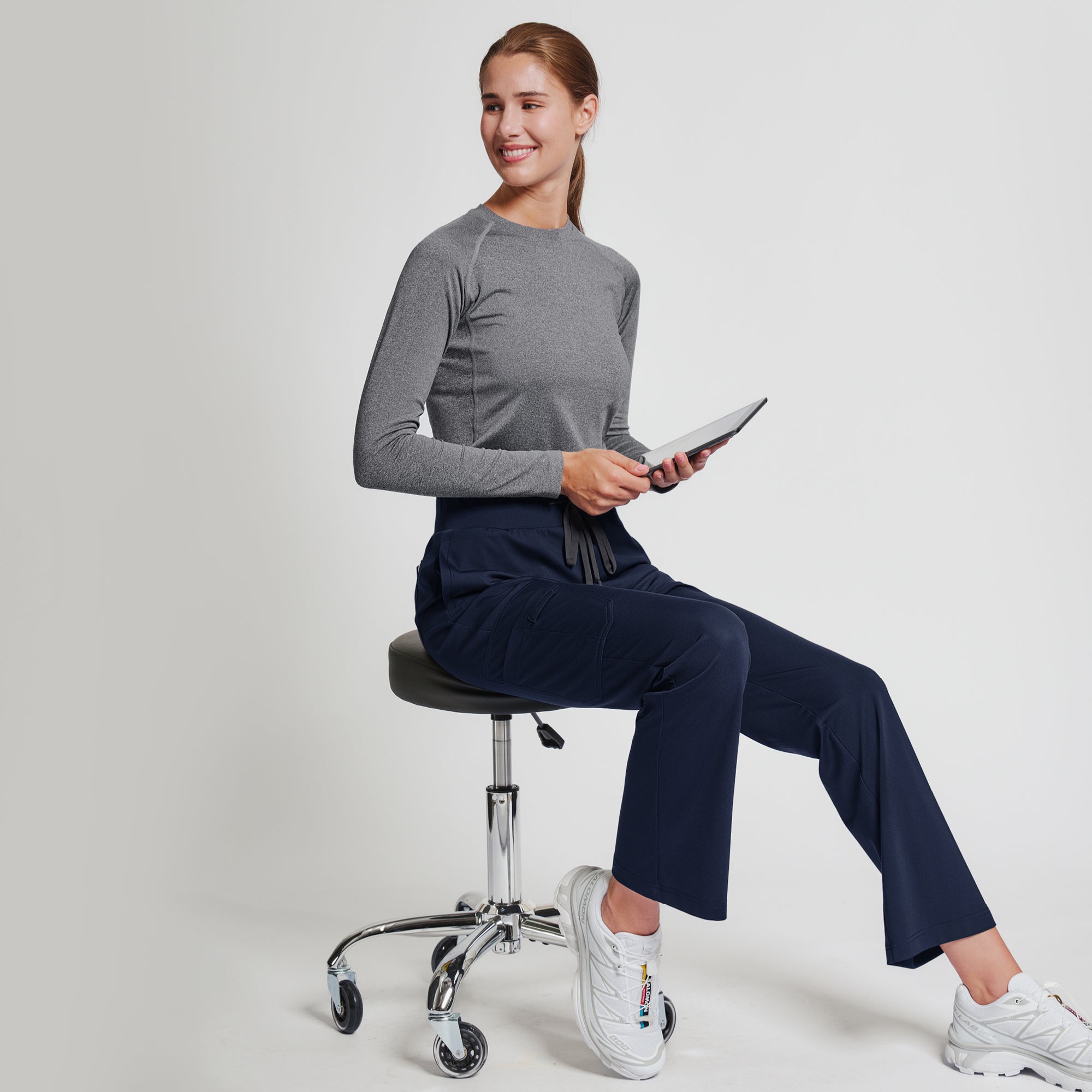 Image of Zenir | Women's Soft Stretch High Waisted Flare Scrub Pants - Navy