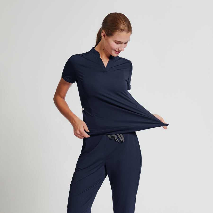 Zenir | Women's Soft Stretch Notched Scrub Top - Navy