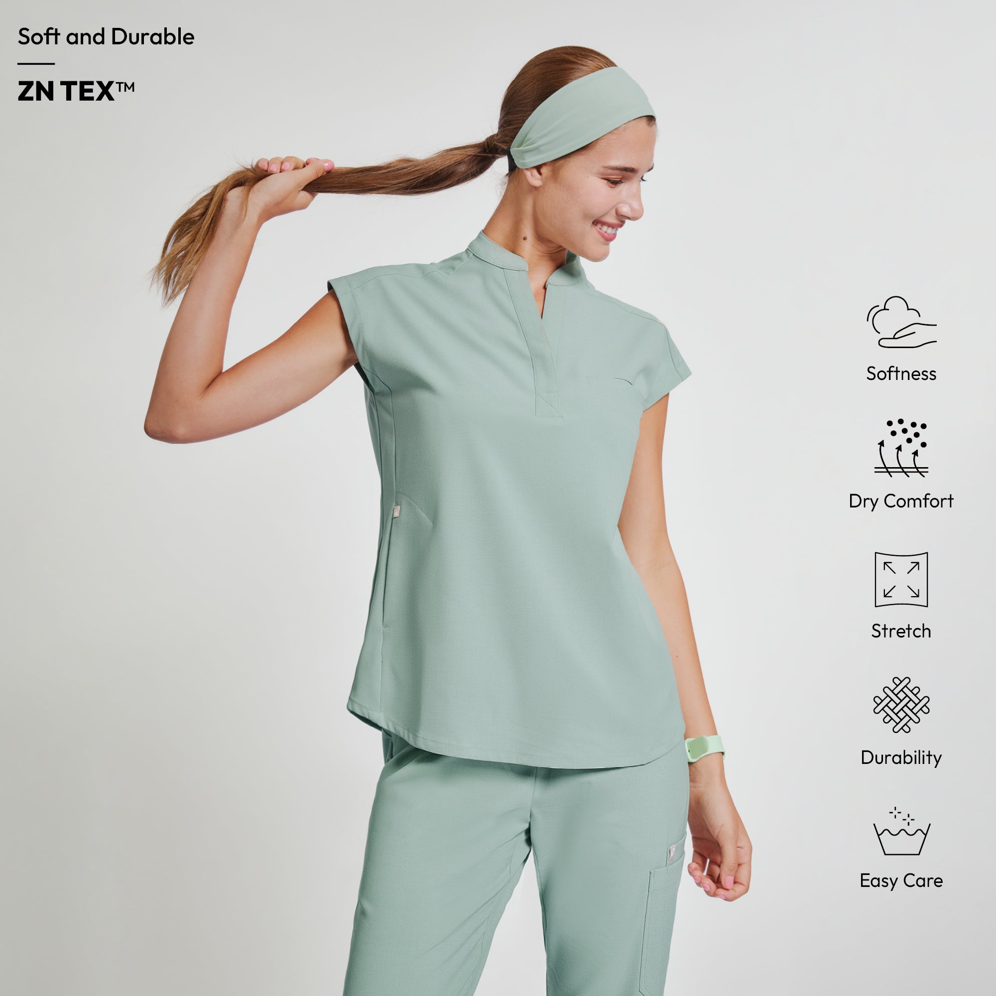Image of Zenir | Women's Mandarin Collar Scrub Top - Sage Green