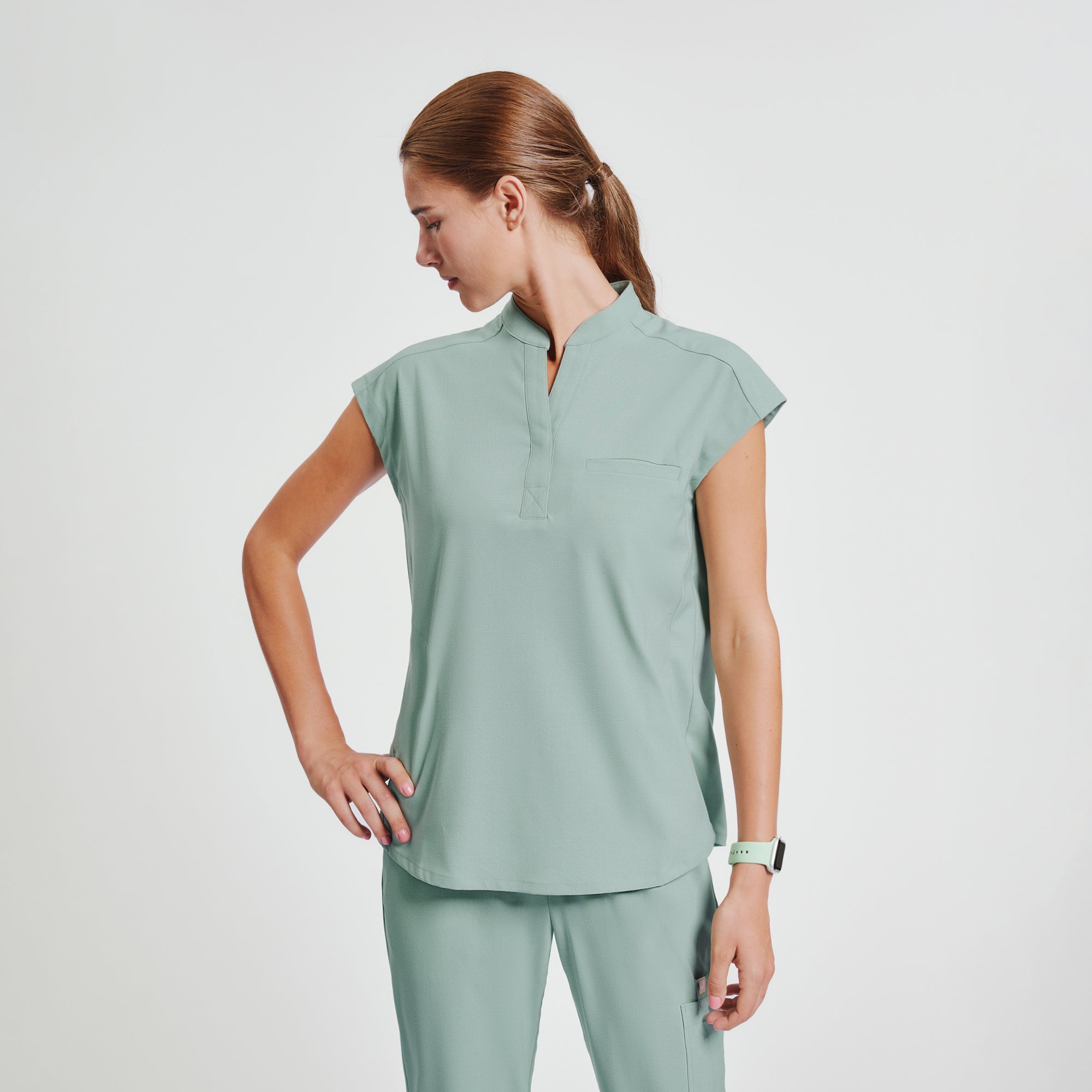Image of Zenir | Women's Mandarin Collar Scrub Top - Sage Green