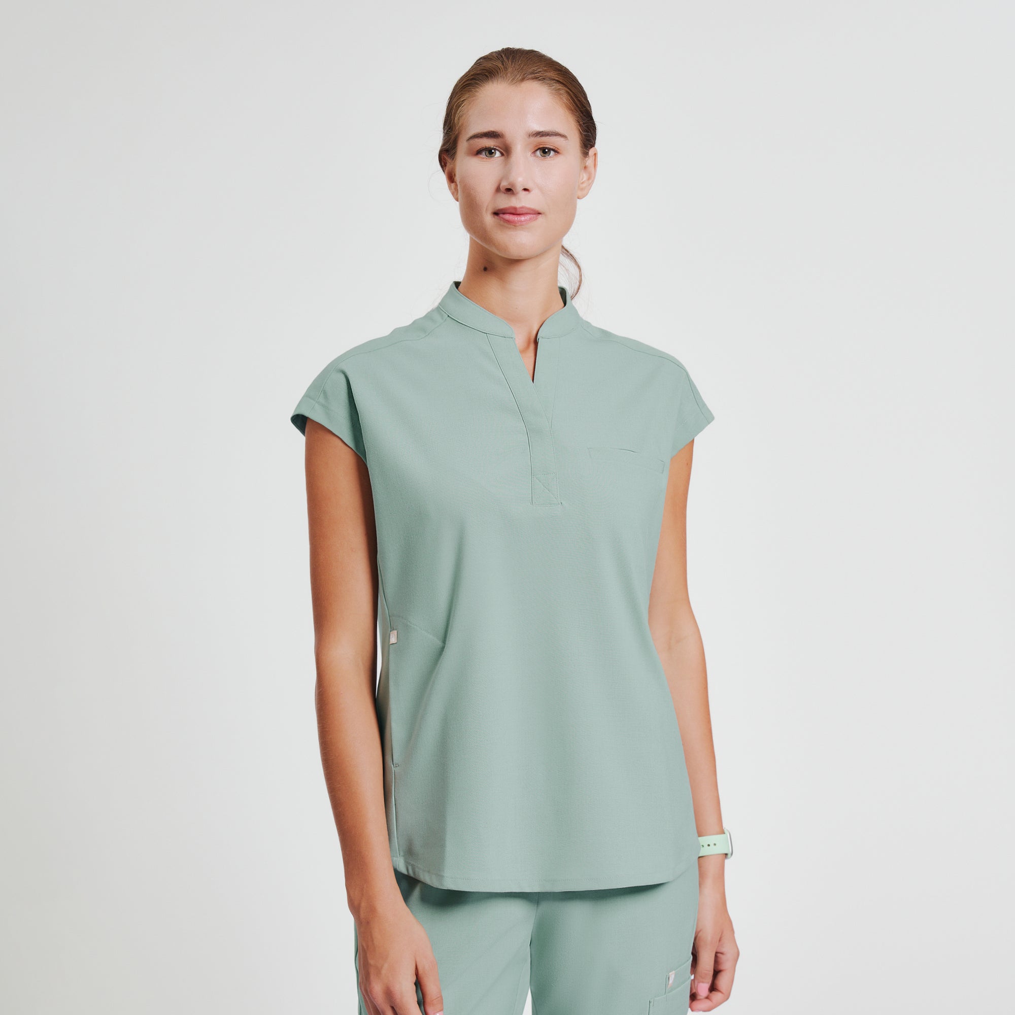 Image of Zenir | Women's Mandarin Collar Scrub Top - Sage Green