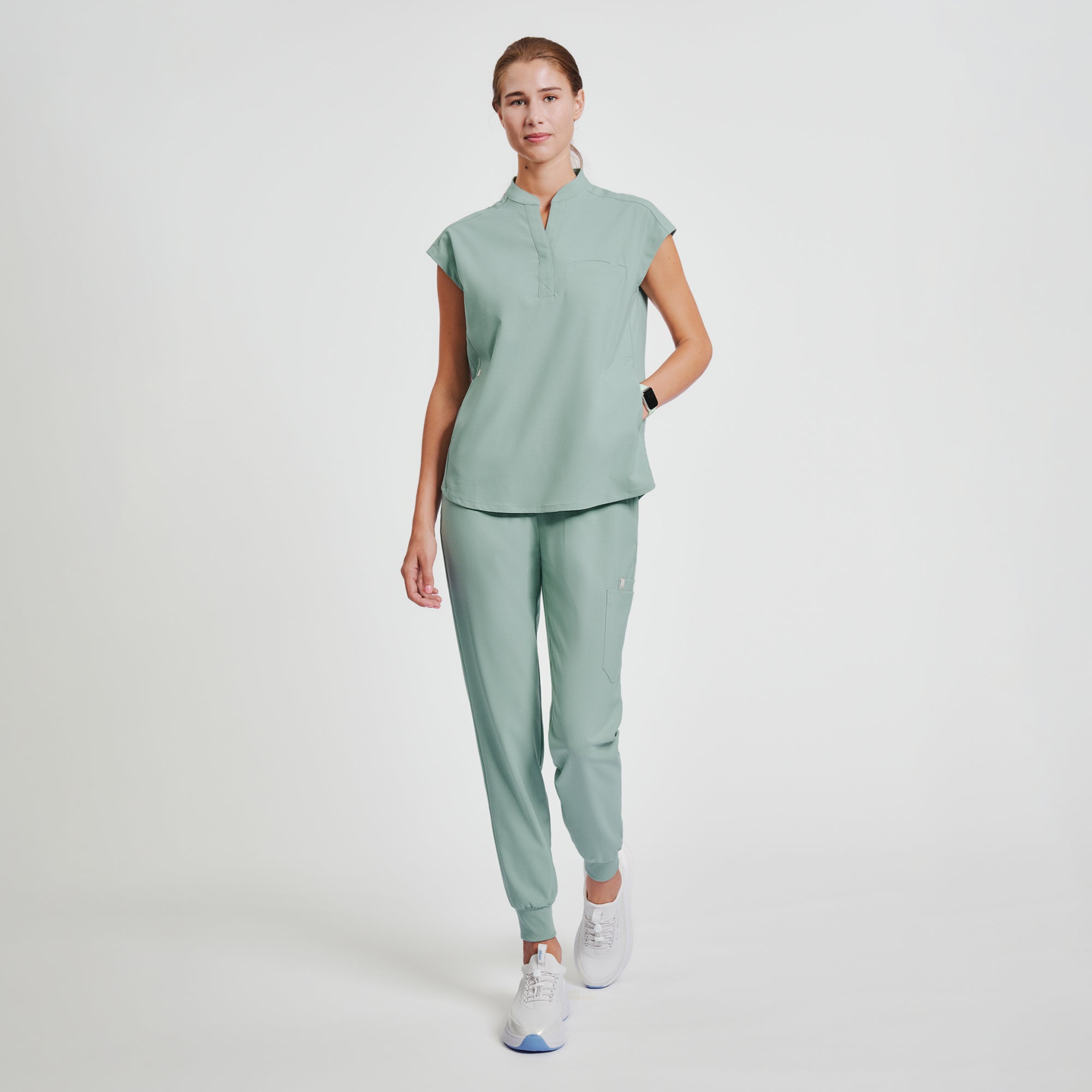 Image of Zenir | Women's Mandarin Collar Scrub Top - Sage Green