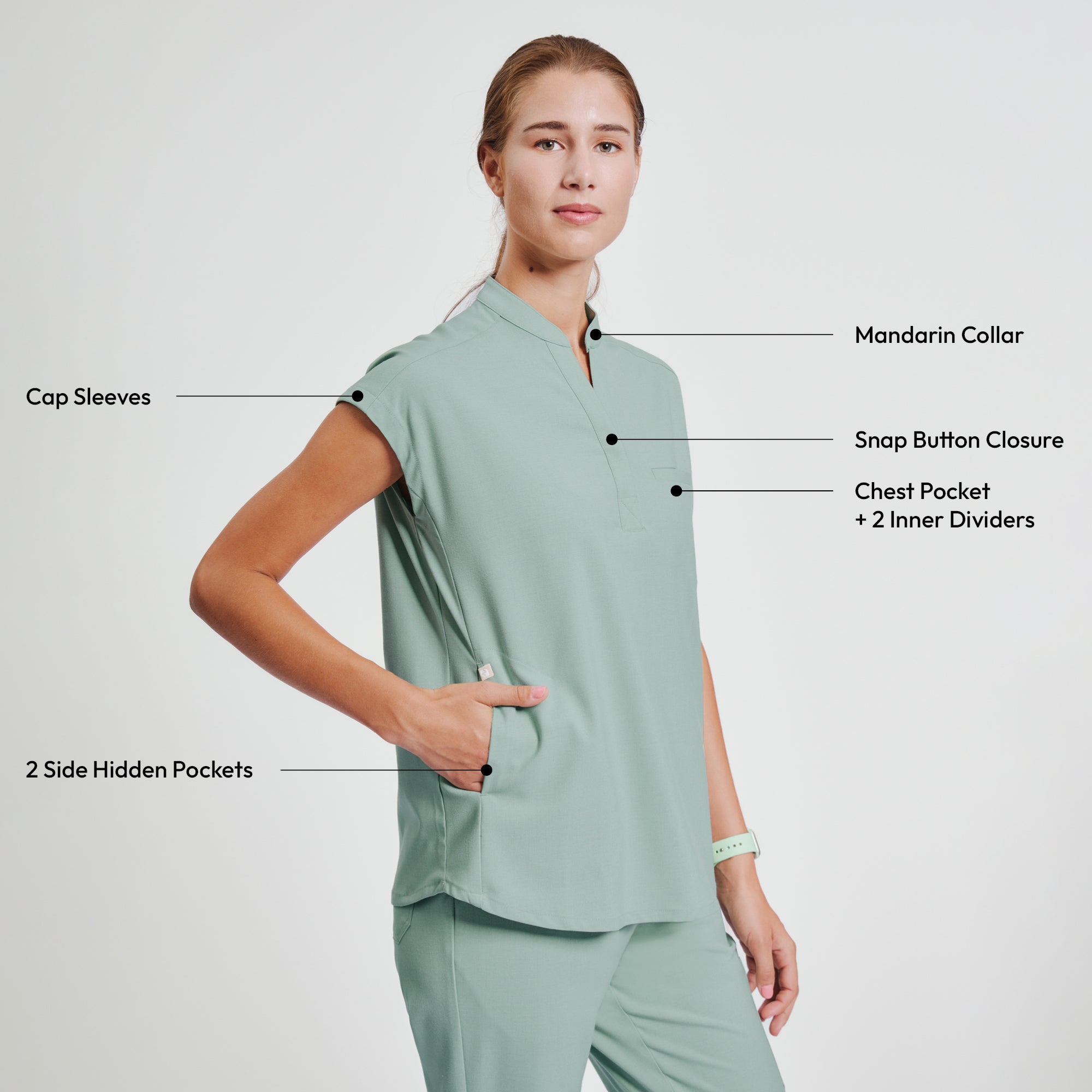 Image of Zenir | Women's Mandarin Collar Scrub Top - Sage Green