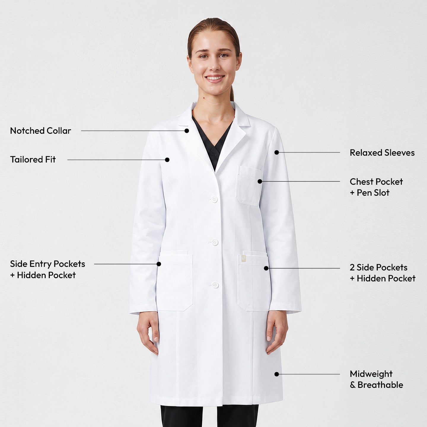 Image of Zenir |  Women's Straight Long Lab Coat LCW-102 - White
