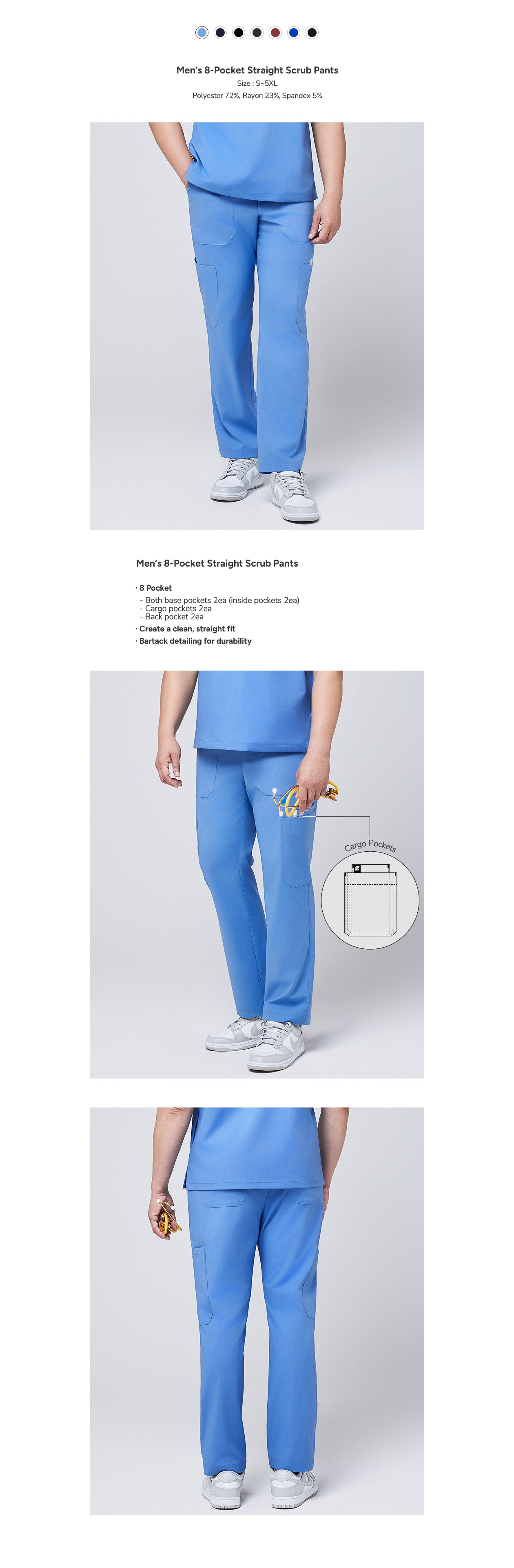 Zenir | Men's 8-Pocket Straight Scrub Pants - Ceil Blue