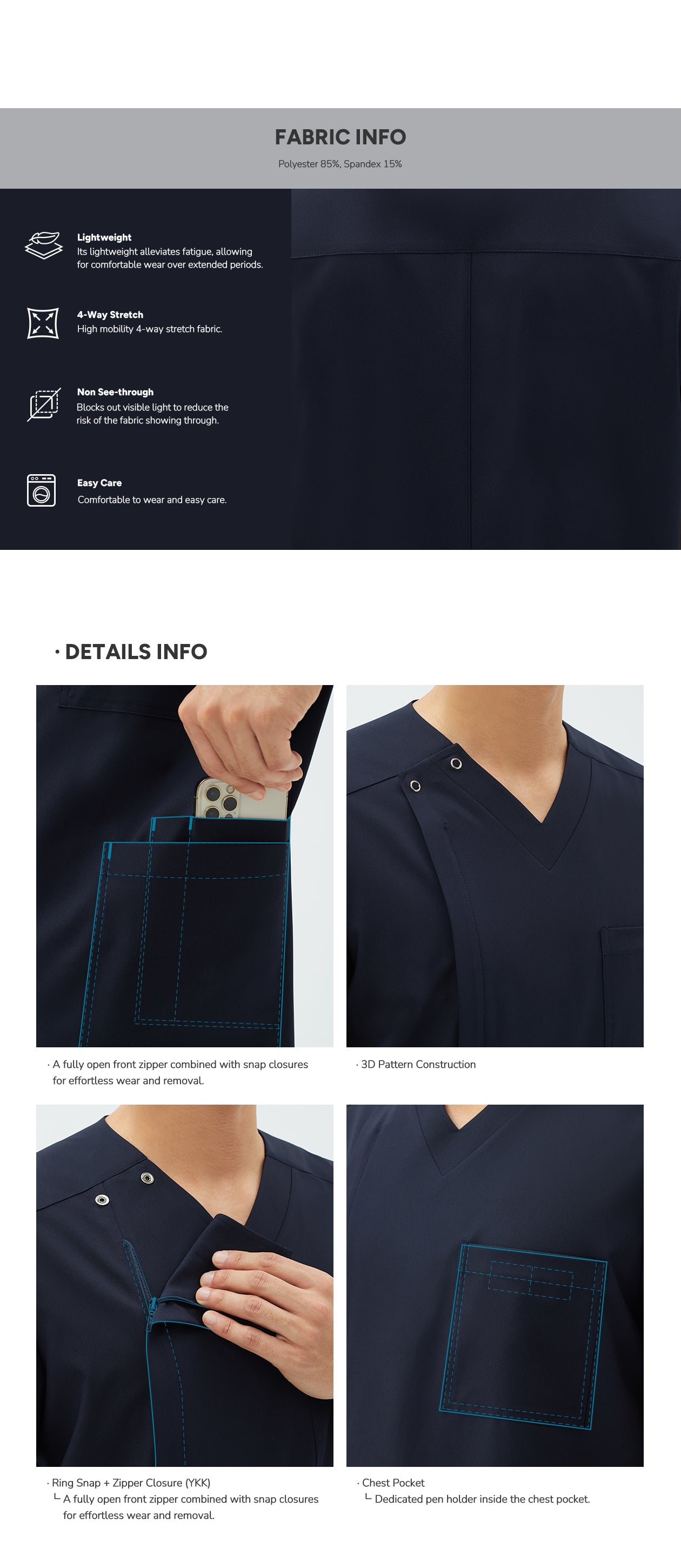 TUL | DS-185 Men's V-Snap Zipper Scrub Top - Eco Navy – Zenir