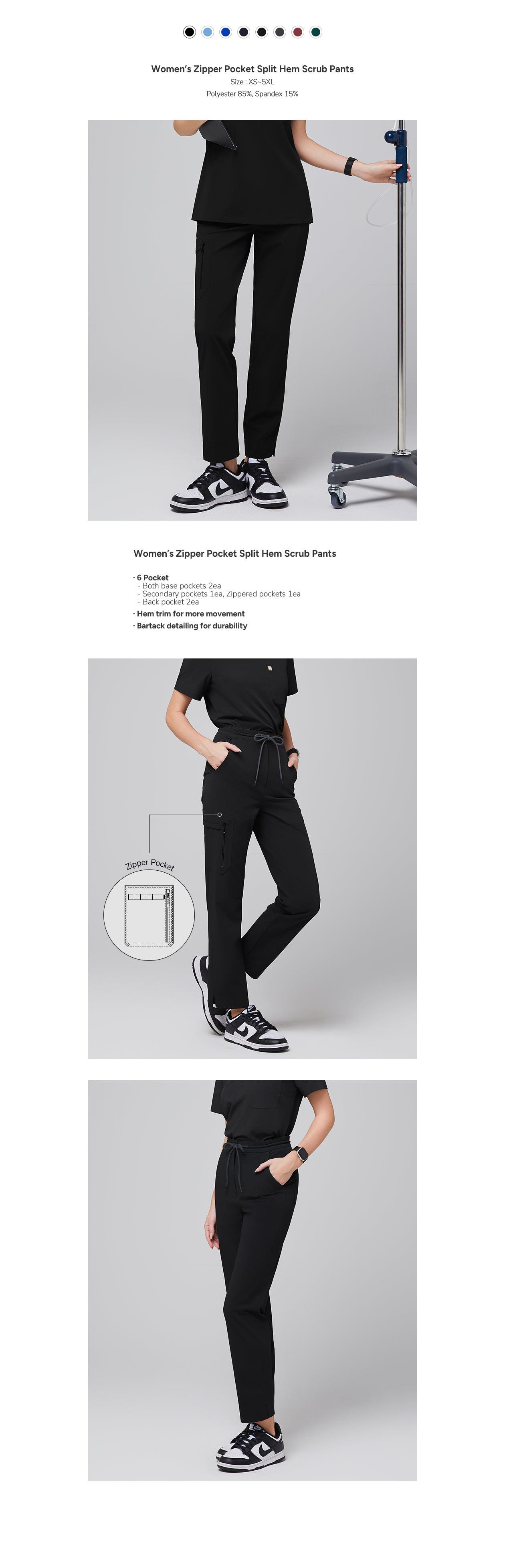 Zenir | Women's Zipper Pocket Split Hem Scrub Pants - Eco Black
