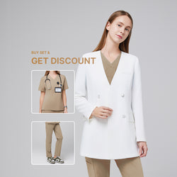Image of Promotional graphic showing a woman wearing a white long lab coat (LCW-09) over a Sand Beige Pleated Shoulder Scrub Top and Sand Beige Straight Split Hem Scrub Pants, with inset images of the scrub set and text reading “Buy Set & Get Discount”,White