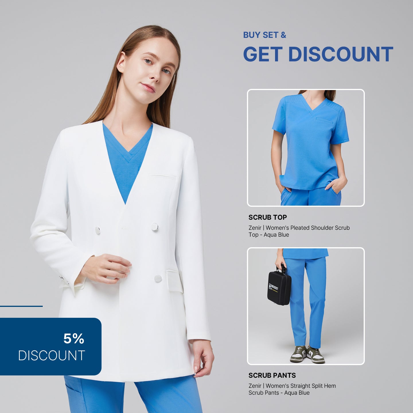 Image of Promotional graphic showing a woman wearing a white long lab coat (LCW-09) over an Aqua Blue Pleated Shoulder Scrub Top and Aqua Blue Straight Split Hem Scrub Pants, with inset images of the scrub top and pants alongside a 5% discount label,White