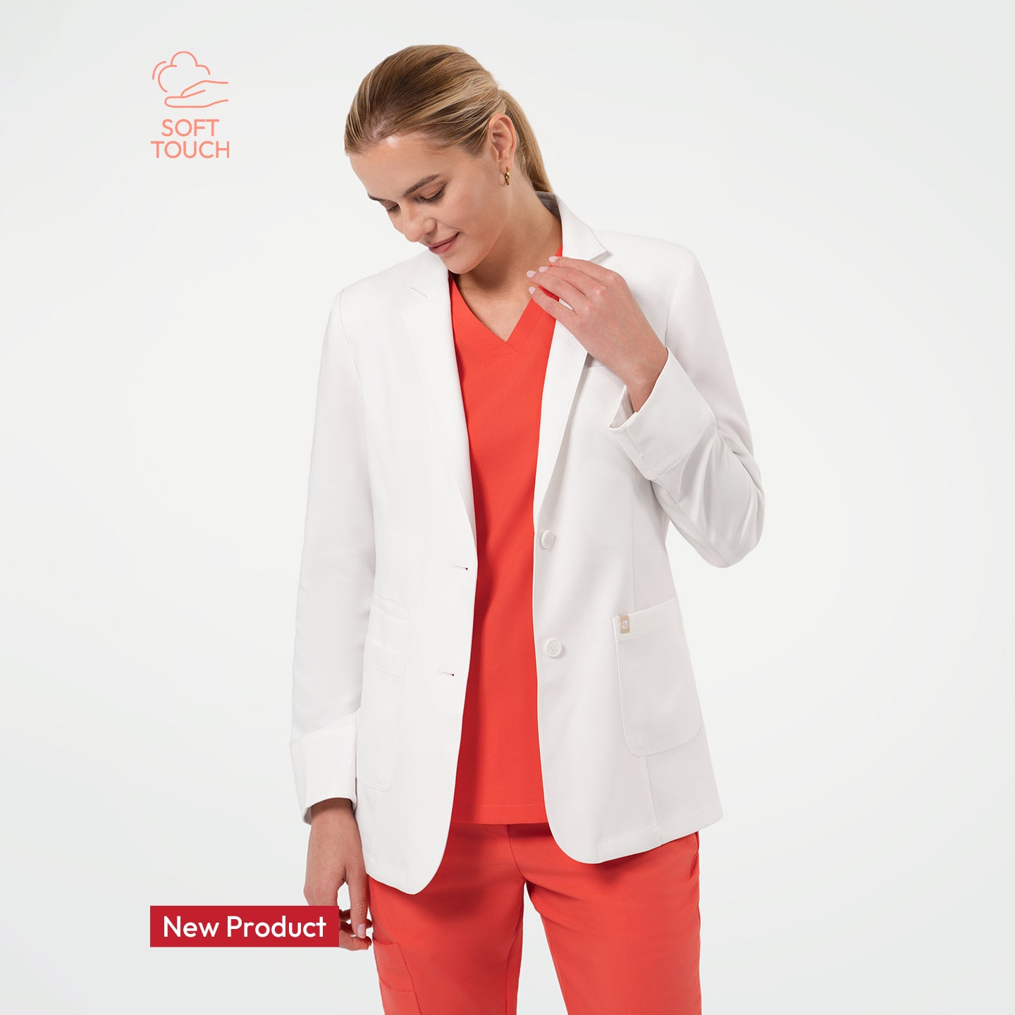 Image of Ivory white lab coat LCW-202, model wearing with clean one-button front and tailored long sleeves.