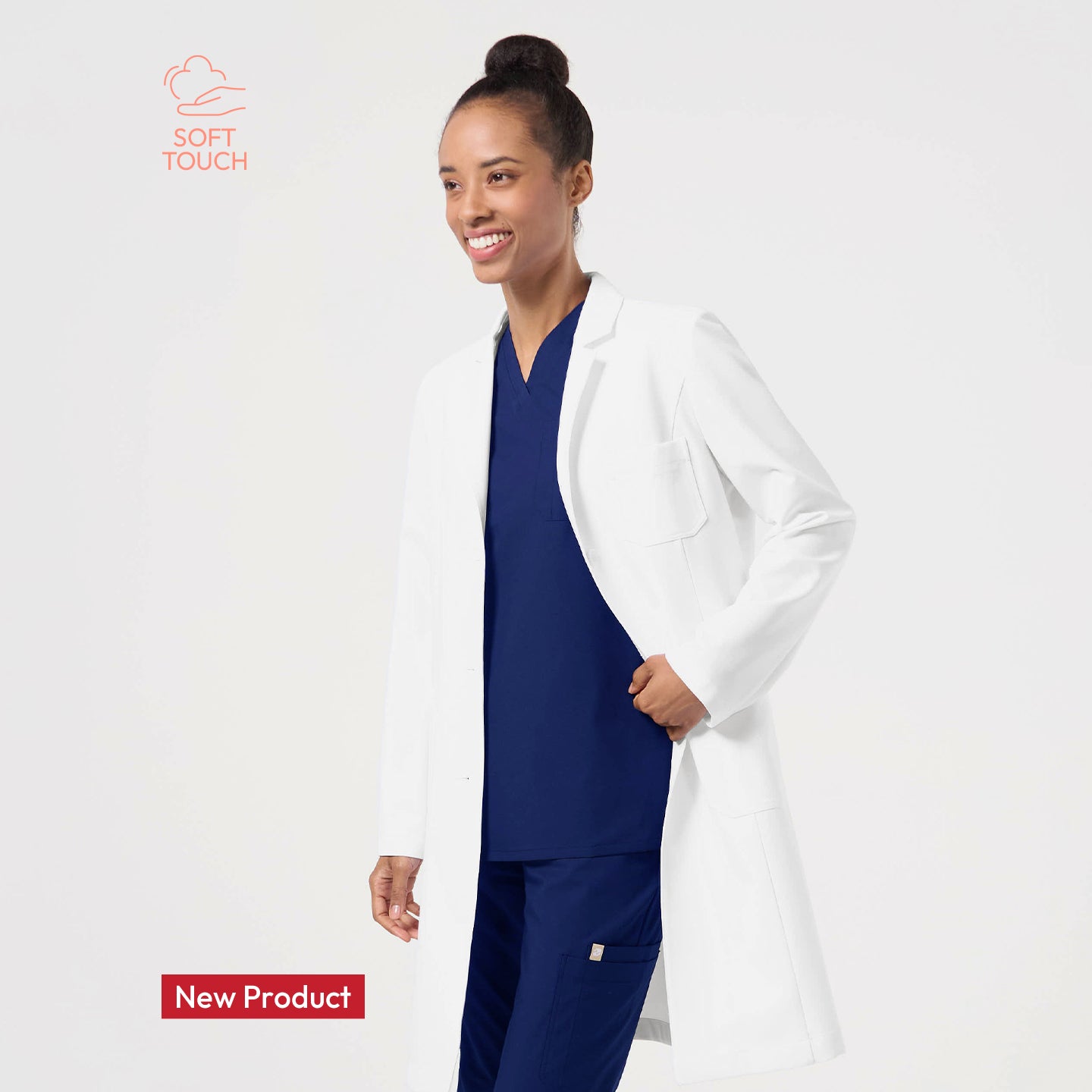 Image of Ivory white long lab coat LCW-203, model wearing with long sleeves and clean straight silhouette.