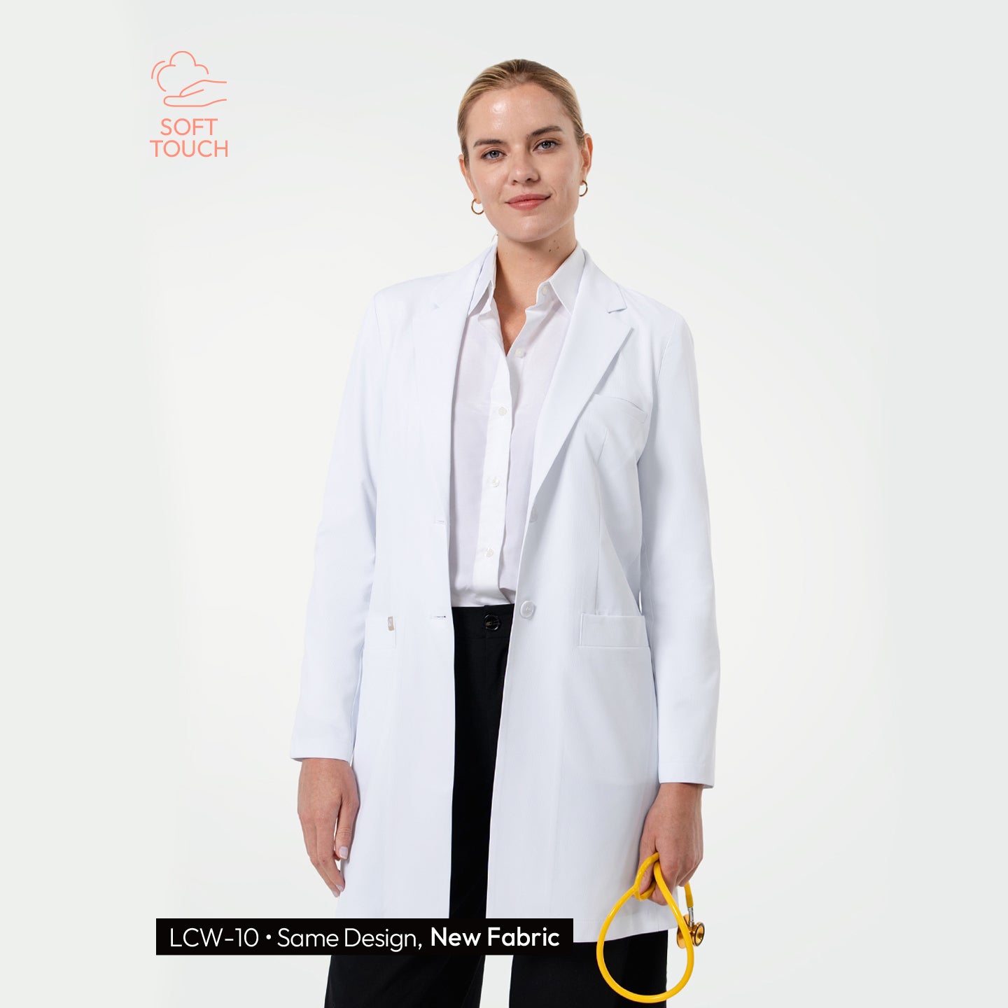 Image of A woman wearing a crisp white LCW-204 lab coat stands facing forward, styled with a collared shirt and black pants, showcasing a clean, professional fit ideal for clinical settings.
