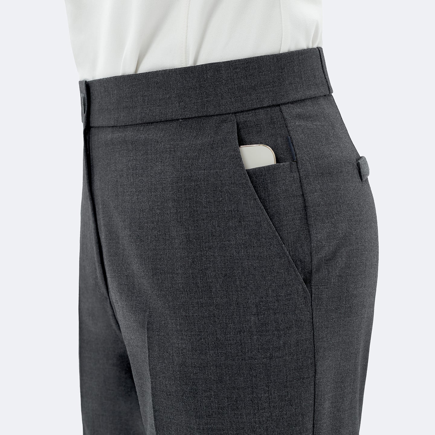 Image of The Charcoal Gray Pants highlight a practical side pocket deep enough.