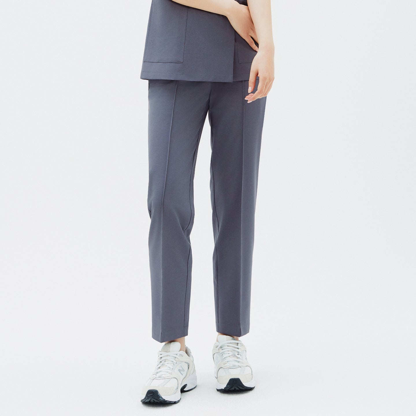 Front view of TUL Women's Premium Banding Pants in Blue Gray, featuring a sleek seam design and tailored fit.