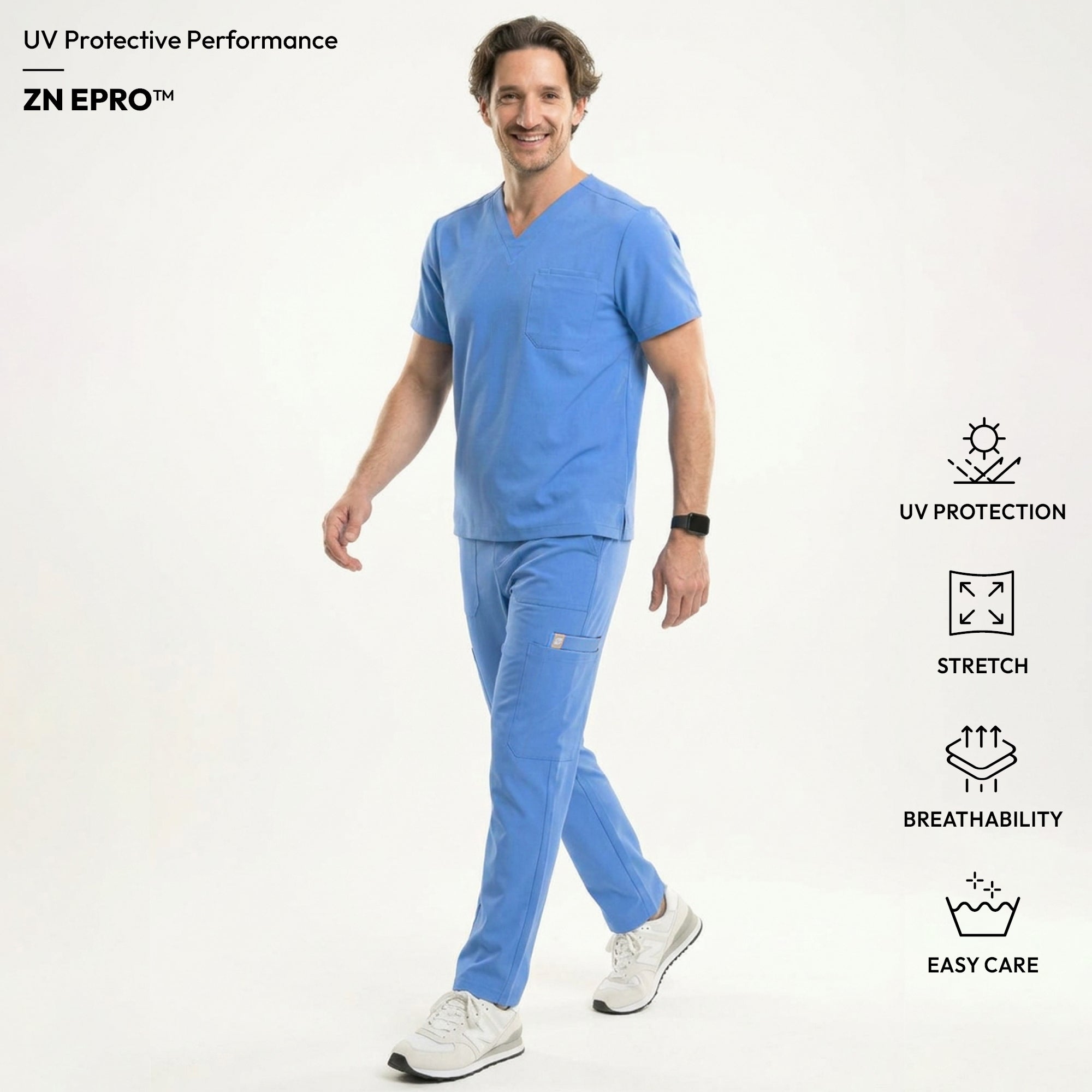 Image of Male model wearing a ceil blue V-neck scrub set with a chest pocket, holding a yellow stethoscope, and an ID badge clipped to the top, showcasing a professional medical uniform,Ceil Blue