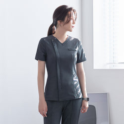 Image of Front view of TUL OS-182 Charcoal Gray scrub top, featuring a V-neckline and snap button detail on the shoulder.