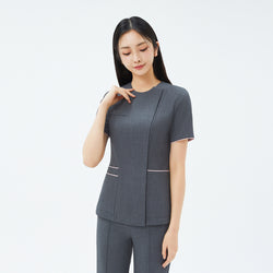 Image of Front view of TUL OS-211 Women's Edge Stripe Scrub Top in Chacoal Gray, showcasing a sleek stripe detail and tailored fit.