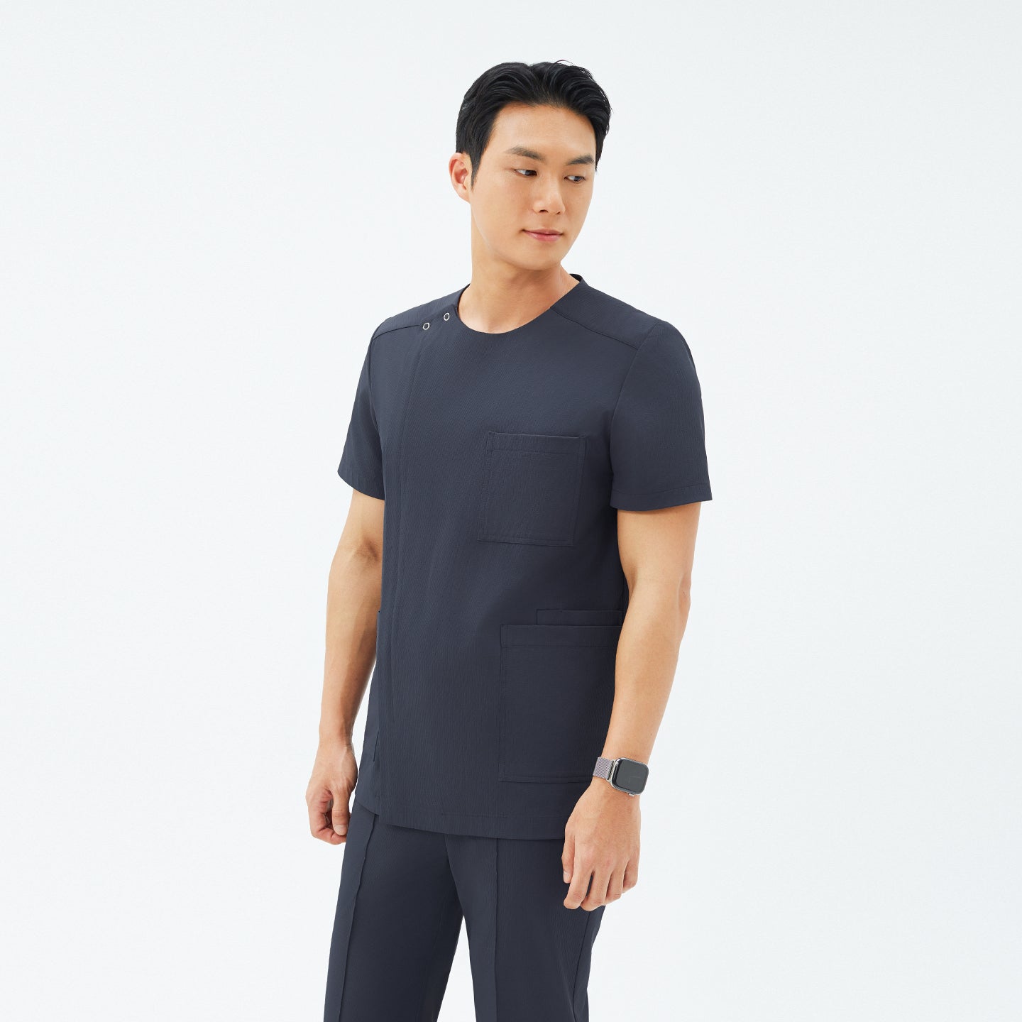 Front view of TUL DS-189 Men's Round Snap Zipper Scrub Top in Deep Gray, highlighting the snap collar and sleek zipper closure.