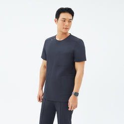 Image of Front view of TUL DS-189 Men's Round Snap Zipper Scrub Top in Deep Gray, highlighting the snap collar and sleek zipper closure.