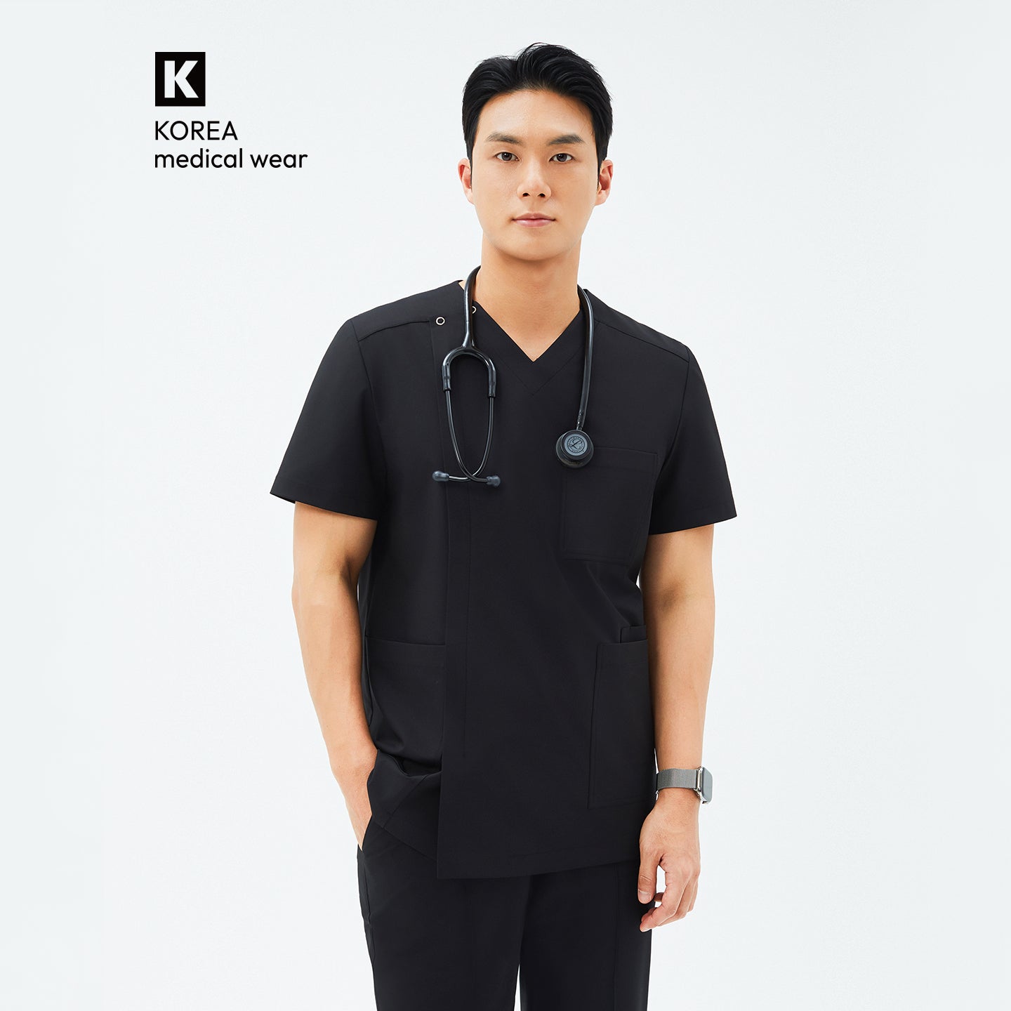 Image of Front view of TUL DS-184 Men's V-Snap Zipper Scrub Top in Eco Black, showcasing the modern V-snap closure and sleek front zipper.