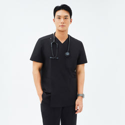 Image of Front view of TUL DS-184 Men's V-Snap Zipper Scrub Top in Eco Black, showcasing the modern V-snap closure and sleek front zipper.