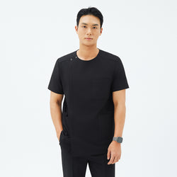 Image of Front view of TUL DS-187 Men's Round Snap Zipper Scrub Top in Eco Black, highlighting the round snap collar and sleek front zipper.