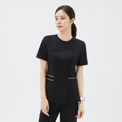 Image of Front view of TUL OS-206 Women's Edge Stripe Scrub Top in Eco Black, featuring subtle contrast piping at the waist.
