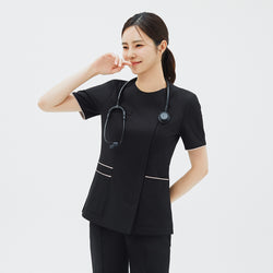 Image of Model wearing TUL OS-206 Eco Black scrub top with a stethoscope, highlighting the short sleeves and modern edge stripe detail.