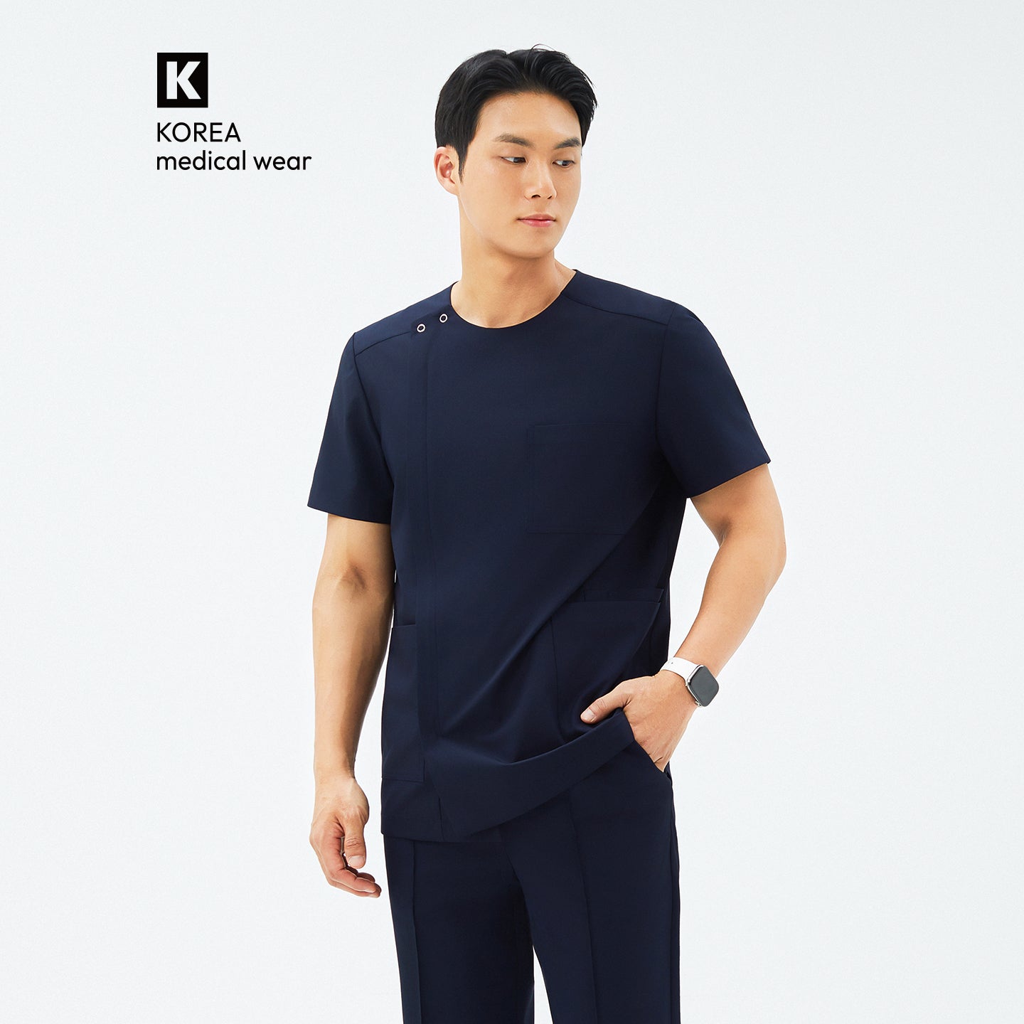 Image of Front view of TUL DS-188 Men's Round Snap Zipper Scrub Top in Eco Navy, showcasing a snap collar detail and sleek front zipper.