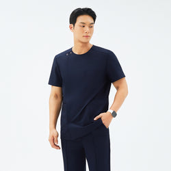 Image of Front view of TUL DS-188 Men's Round Snap Zipper Scrub Top in Eco Navy, showcasing a snap collar detail and sleek front zipper.