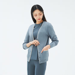 Image of Side angle of TUL CD-99 Essential Knit Cardigan in Soft Mint Gray, highlighting the ribbed cuffs and button closure for a clean, professional look.