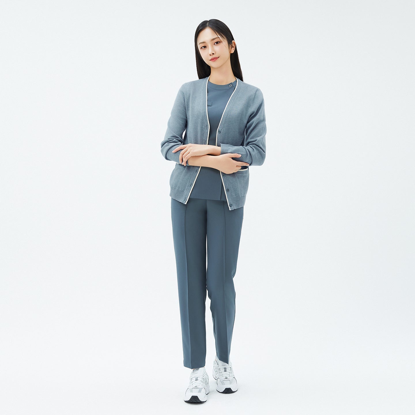 Image of Full outfit featuring the TUL CD-99 Essential Knit Cardigan in Soft Mint Gray paired with matching scrub top and pants, ideal for medical professionals.