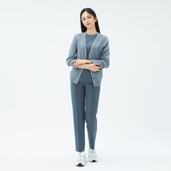 Image of Full outfit featuring the TUL CD-99 Essential Knit Cardigan in Soft Mint Gray paired with matching scrub top and pants, ideal for medical professionals.