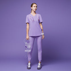 Image of Medical professional in lavender scrubs, holding an IV bag and wearing a stethoscope, standing confidently against a matching lavender background,Lavender