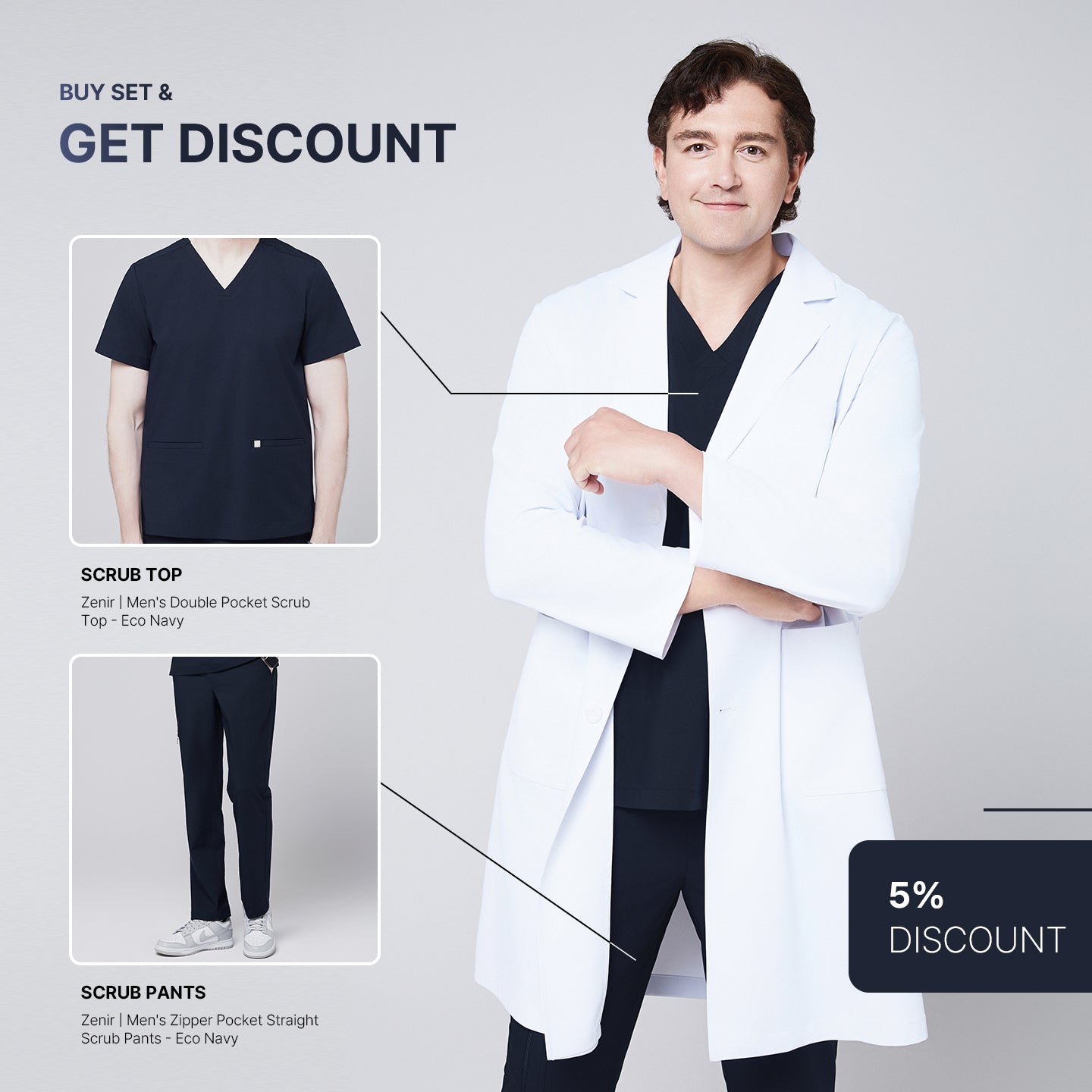 Image of Promotional graphic featuring a man wearing a long white lab coat (LCM-02) over an Eco Navy Double Pocket Scrub Top and Eco Navy Zipper Pocket Straight Scrub Pants, with inset images of the top and pants and a 5% discount label,White