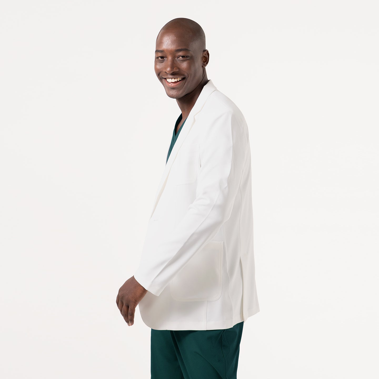 Image of The LCM-100 lab coat is shown in a bright, clean white finish, highlighting its tailored structure, smooth drape, and upgraded new-fabric construction that enhances durability, comfort, and overall professional polish.