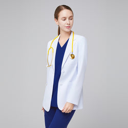 Image of A woman wearing a short white lab coat (LCW-02) over an Admiral Blue Double Pocket Scrub Top and Admiral Blue StretchFit Jogger Scrub Pants, looking to the side with a yellow stethoscope around her neck,White