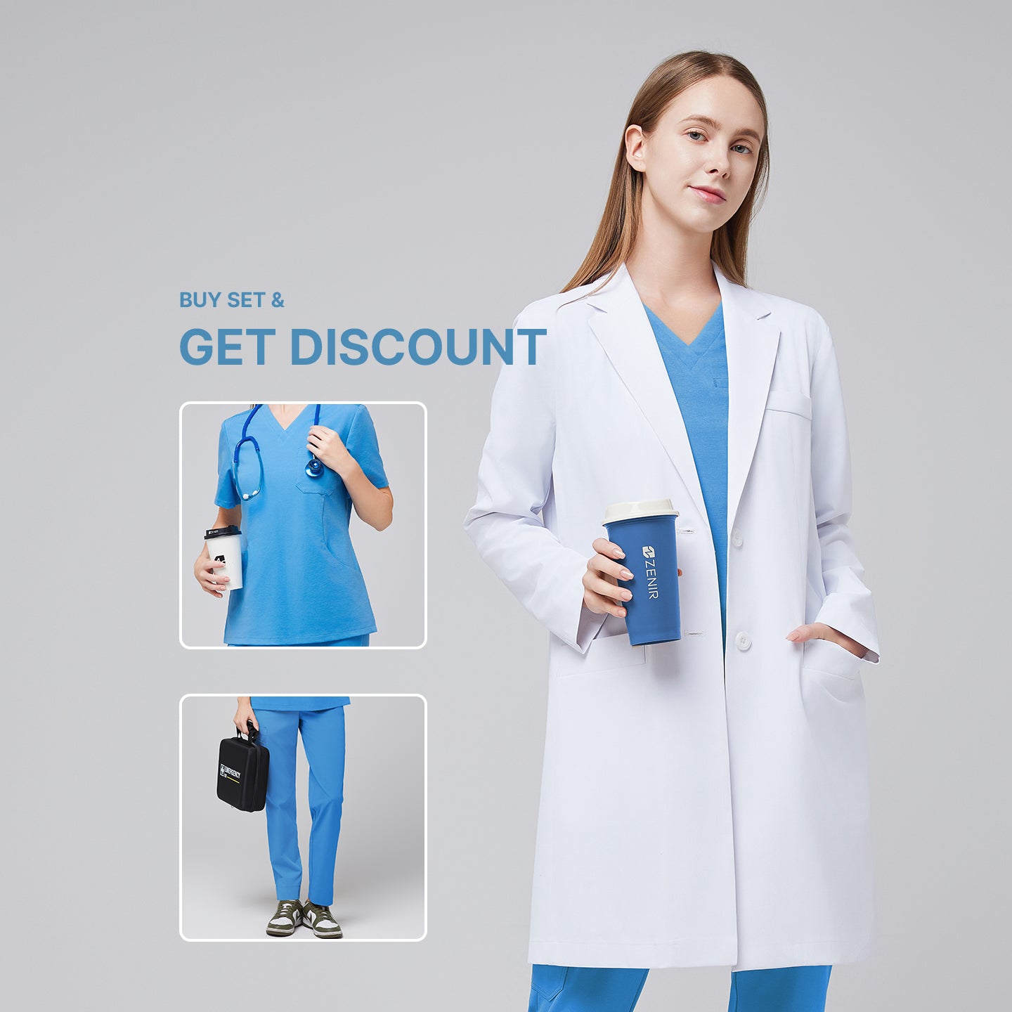 Image of Model wearing Zenir’s Women’s Long Lab Coat LCW-10 over an Aqua Blue Scrub Set, holding a coffee cup, with text reading ‘Buy Set & Get Discount’ and preview images of the scrub top and pants,White