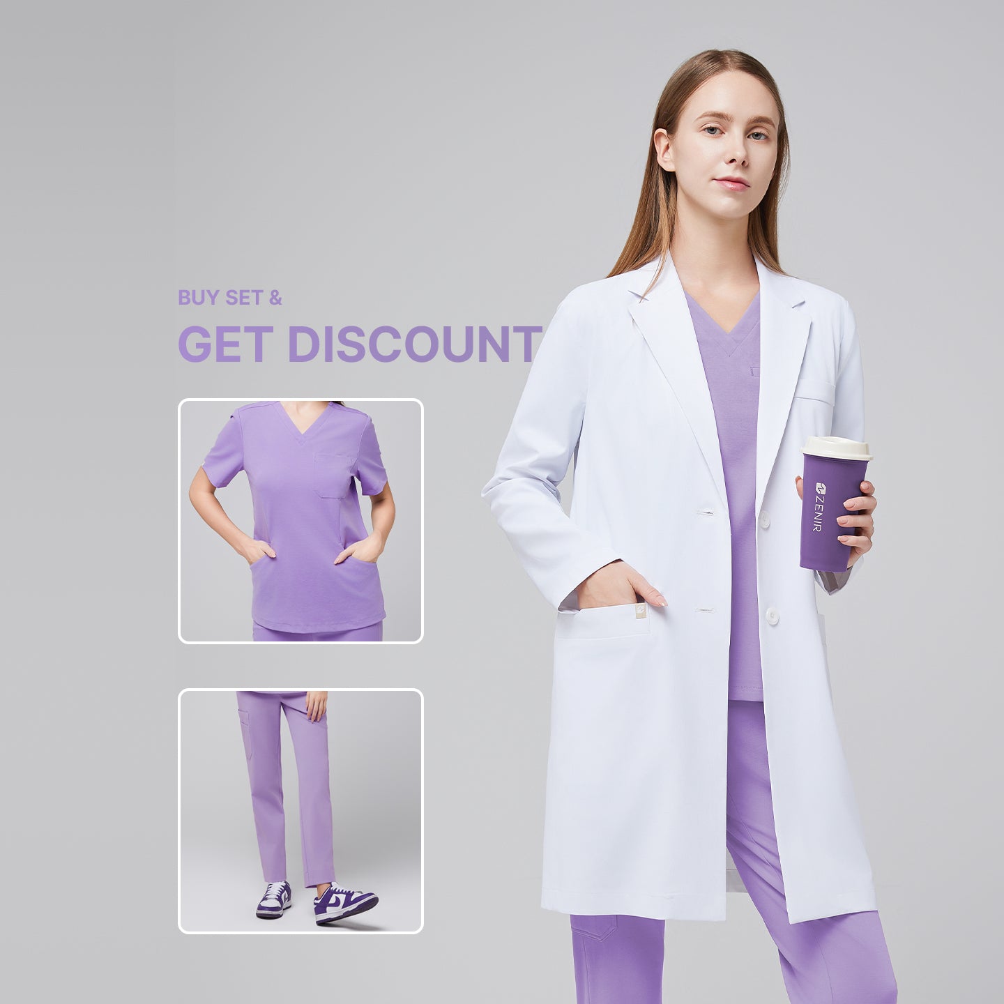 Image of Model wearing the Zenir Women's Long Lab Coat LCW-10 + Lavender Scrub Set, holding a purple coffee cup against a grey background, with close-up previews of the scrub top and pants with a 'Buy Set & Get Discount' message,White