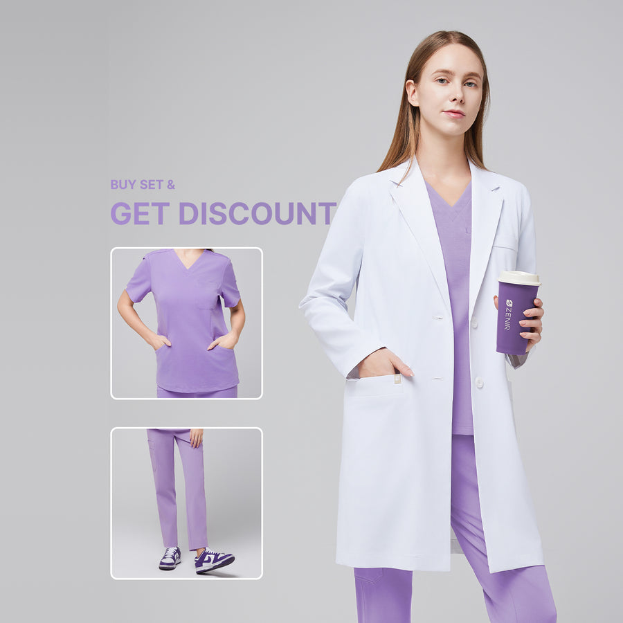 Model wearing the Zenir Women's Long Lab Coat LCW-10 + Lavender Scrub Set, holding a purple coffee cup against a grey background, with close-up previews of the scrub top and pants with a 'Buy Set & Get Discount' message,White