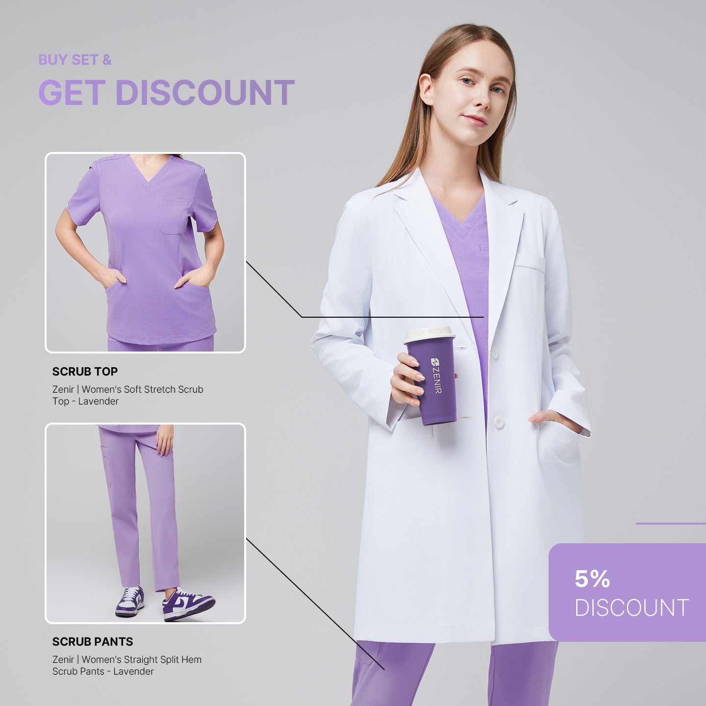 Model wearing Zenir Women's Long Lab Coat LCW-10 and Lavender Scrub Set, holding a purple cup. Collage shows close-ups of the scrub top and pants with 'Buy Set & Get Discount' and '5% Discount' text,White