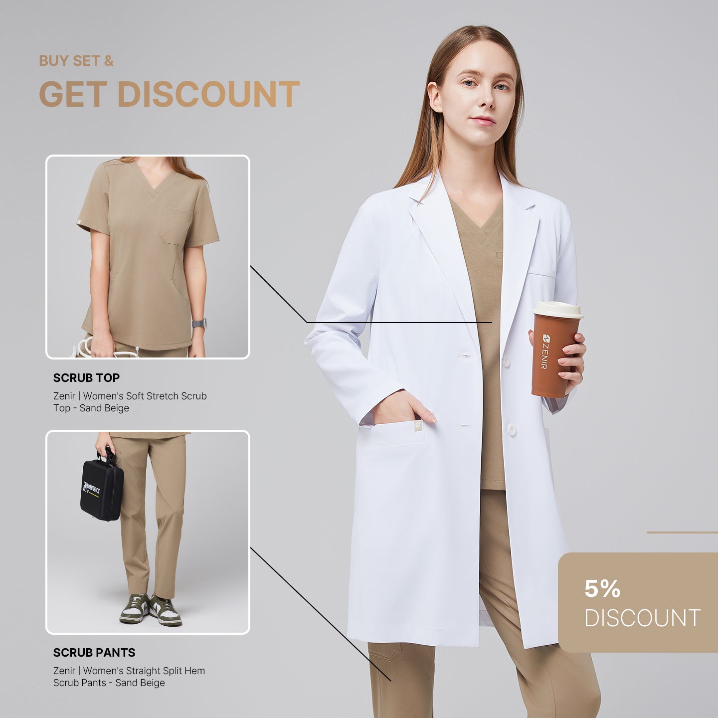 Image of Female model wearing Zenir’s Women’s White Long Lab Coat LCW-10 over a Sand Beige Scrub Set, holding a coffee cup,white