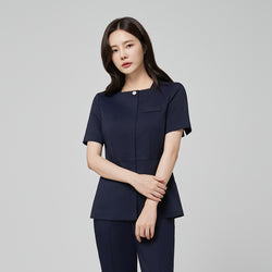 Image of Front view of TUL NS-172 Women’s Modern Square Collar Scrub Top in Mir Navy, featuring a sleek square neckline and a tailored fit.