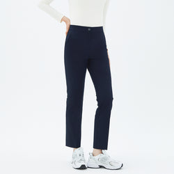 Image of Front view of TUL Women’s Side Hidden Banding Pants in Mir Navy, featuring a button closure and hidden side band for added comfort.