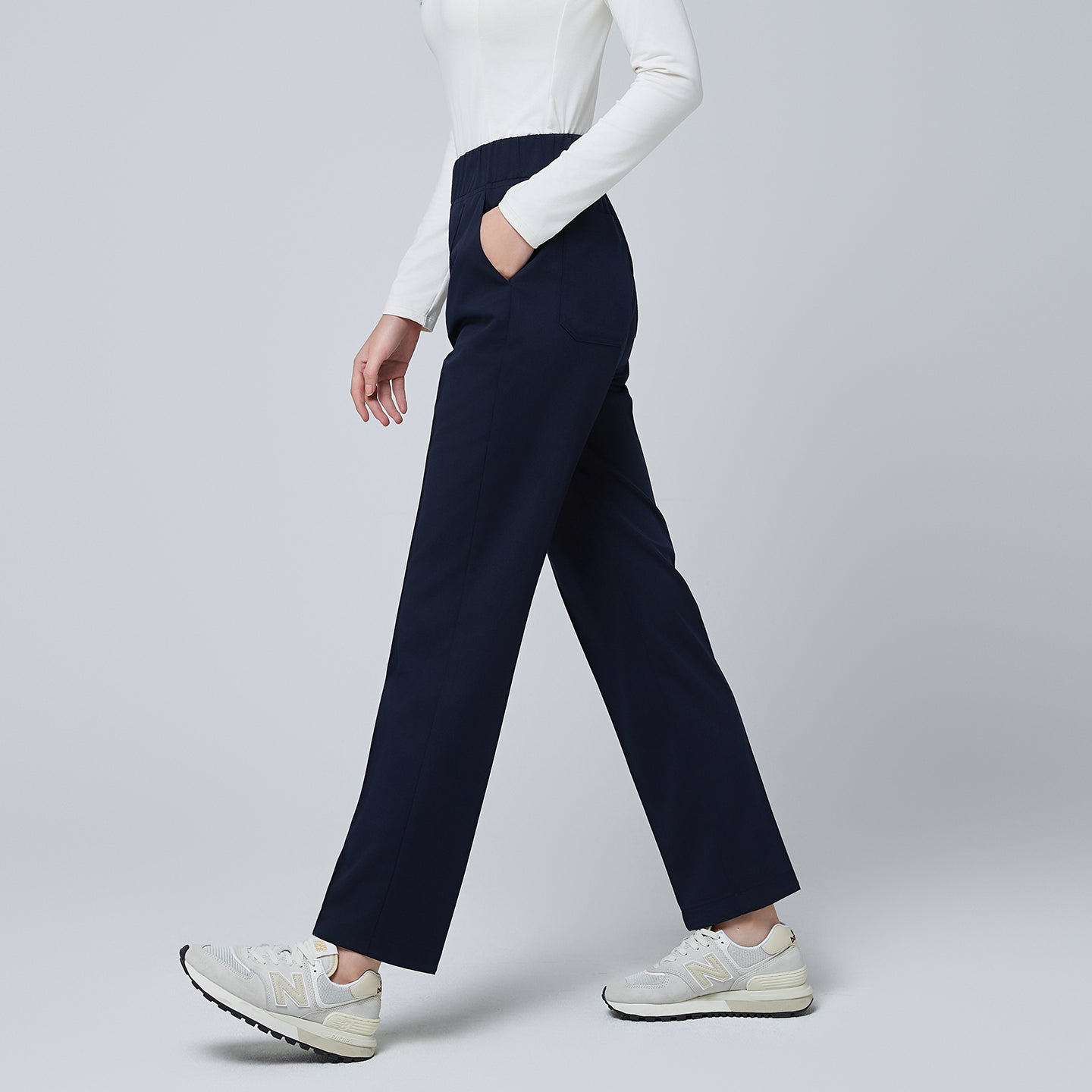 Back view of TUL Women's Premium Banding Pants in Mir Navy, emphasizing the clean, structured silhouette and high-quality fabric.