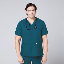 Image of Ocean teal scrub top with two pockets and matching ocean teal straight scrub pants with black stethoscope over the neck,Ocean teal