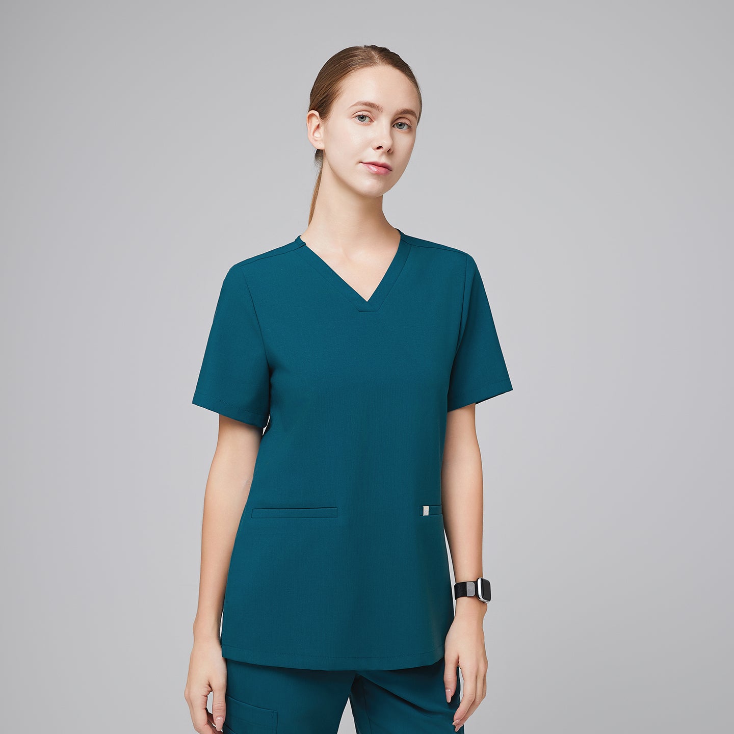 Image of Ocean teal Women's Double Pocket Scrub Top with matching ocean teal scrub pants,Ocean teal
