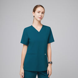 Image of Ocean teal Women's Double Pocket Scrub Top with matching ocean teal scrub pants,Ocean teal