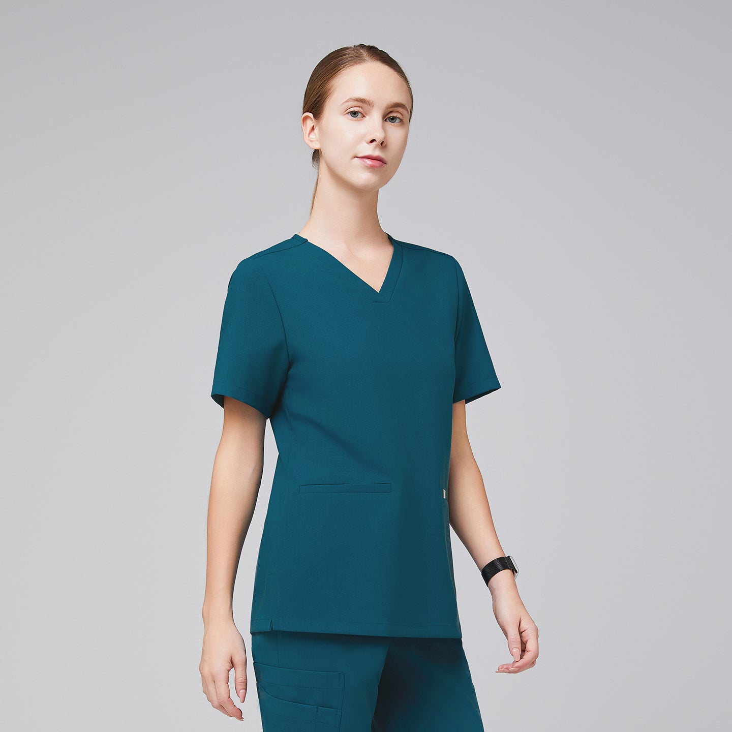 Image of Ocean teal Women's Double Pocket Scrub Top with matching ocean teal scrub pants,Ocean teal