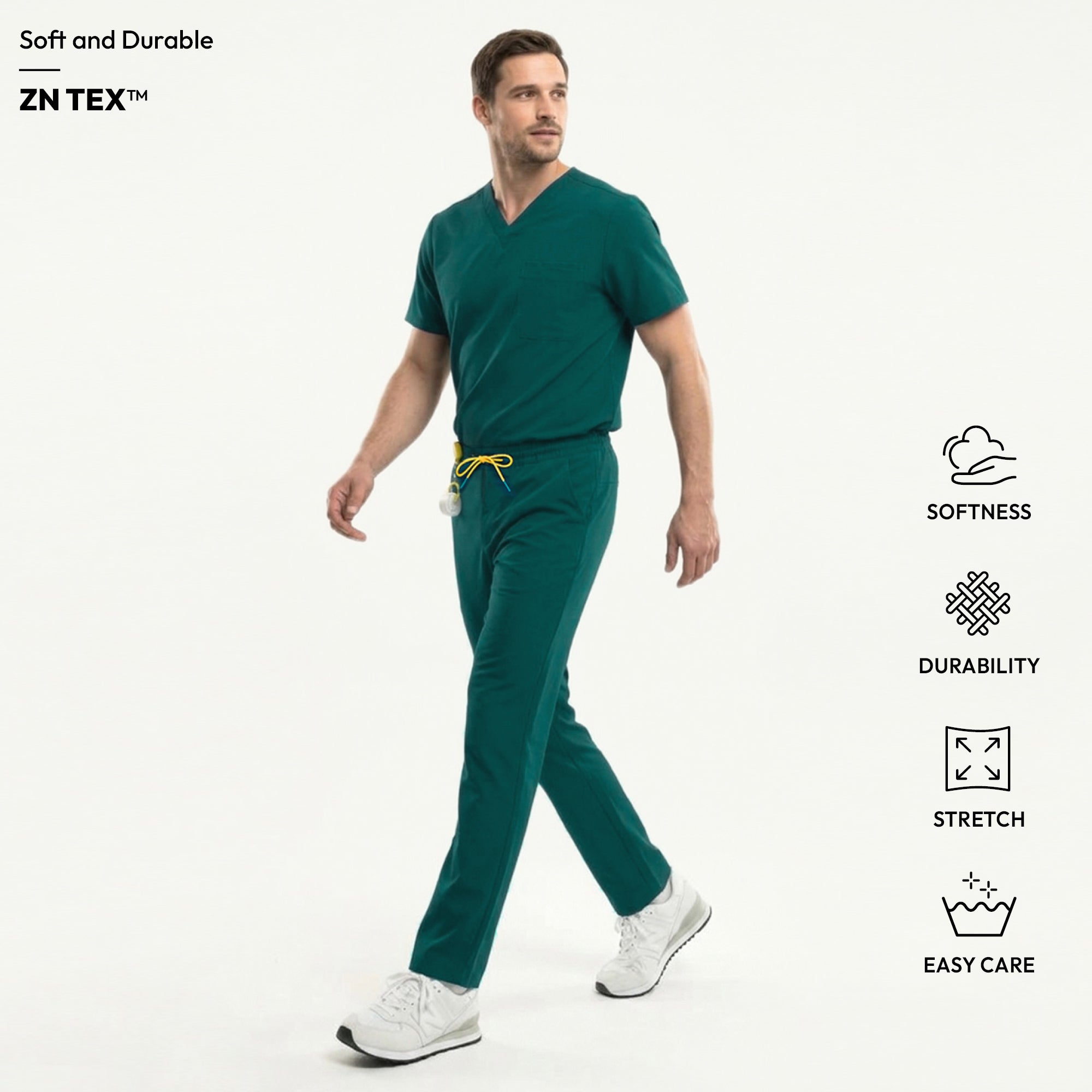 Image of A walking model in Pine Green 3 Pocket Scrub Top strikes a dynamic pose with a focused expression.